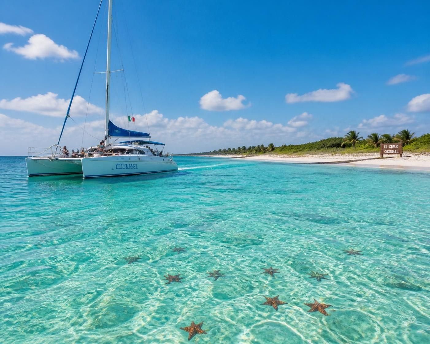 partez à l'aventure avec le tour en catamaran el cielo à cozumel et vivez une expérience en mer inoubliable entre plages paradisiaques et eaux turquoise.