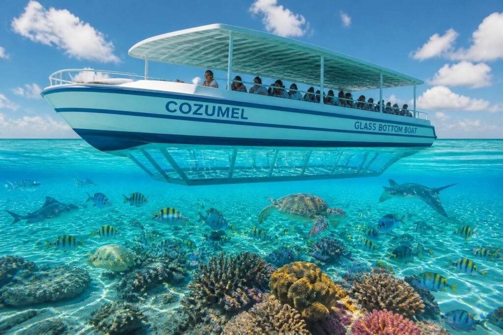 plongez dans l'aventure unique du bateau à fond de verre à cozumel et admirez la beauté marine sans vous mouiller. une expérience inoubliable pour toute la famille.